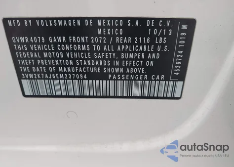 2014 Volkswagen Jetta 2.0L S из США, поврежденный, VIN 3VW2K7AJ6EM237094